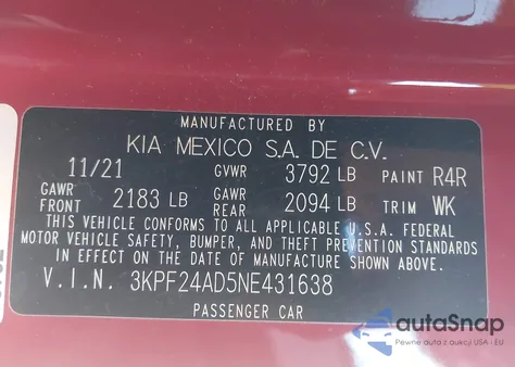 2022 Kia Forte Lxs from USA, damaged, VIN 3KPF24AD5NE431638